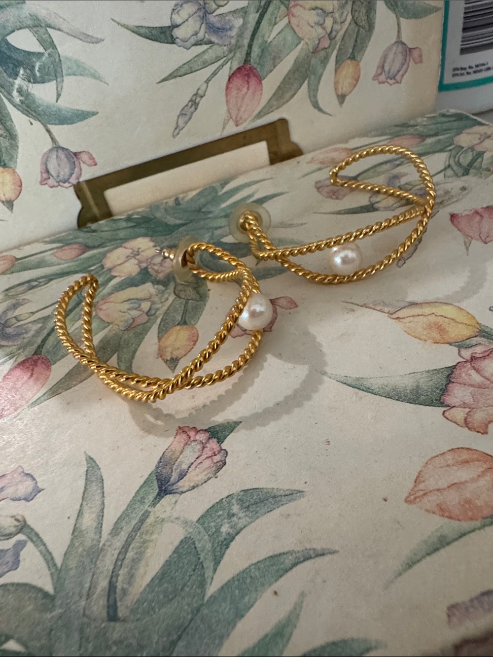 Gold Twisted Rope Hoop Earrings with Pearl Accents - Women Jewelry